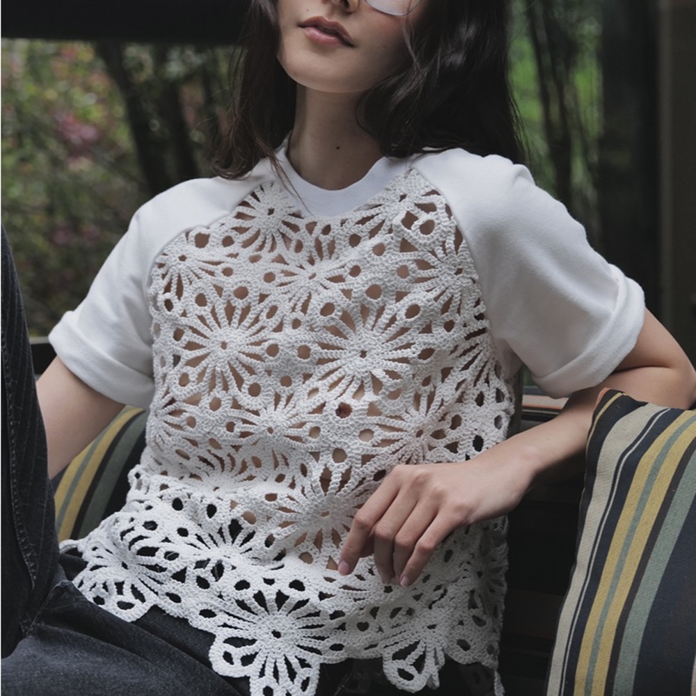 White Crochet Front Short Sleeve Tee